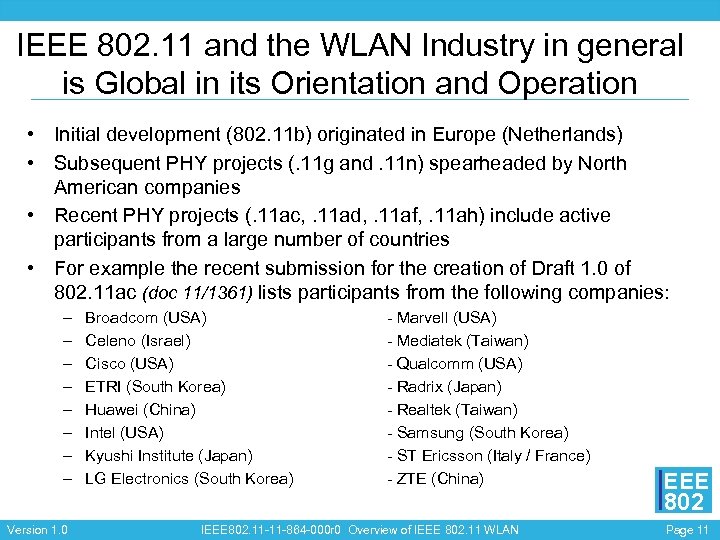 IEEE 802. 11 and the WLAN Industry in general is Global in its Orientation