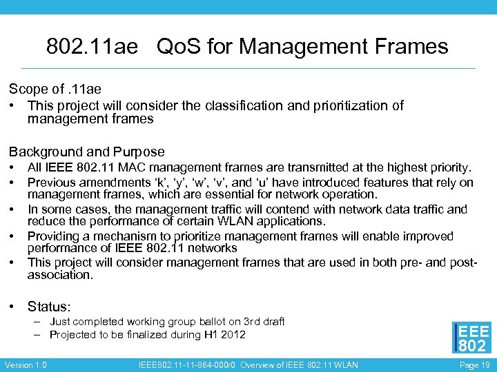 802. 11 ae Qo. S for Management Frames Scope of. 11 ae • This