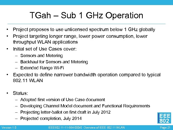 TGah – Sub 1 GHz Operation • Project proposes to use unlicensed spectrum below