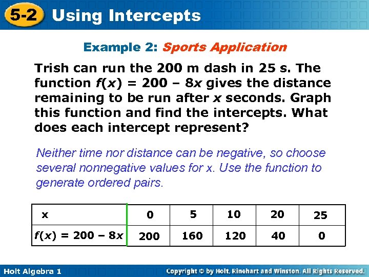 5 -2 Using Intercepts Example 2: Sports Application Trish can run the 200 m