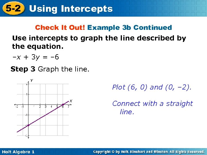 5 -2 Using Intercepts Check It Out! Example 3 b Continued Use intercepts to