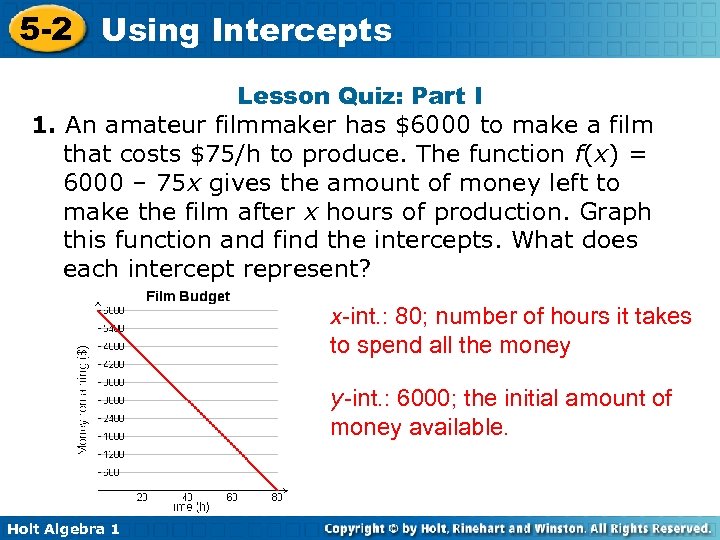 5 -2 Using Intercepts Lesson Quiz: Part I 1. An amateur filmmaker has $6000