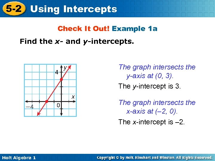 5 -2 Using Intercepts Check It Out! Example 1 a Find the x- and