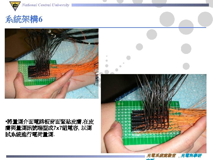 National Central University 系統架構6 • 將量測介面電路板背面緊貼皮膚, 在皮 膚與量測訊號端型成 7 x 7組電容, 以測 試系統進行電荷量測. 光電系統實驗室