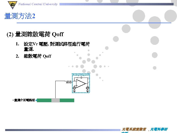 National Central University 量測方法 2 (2) 量測雜散電荷 Qoff 1. 設定Vr 電壓, 對測試路徑進行電荷 量測. 2.