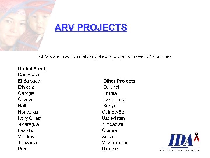ARV PROJECTS ARV’s are now routinely supplied to projects in over 24 countries Global