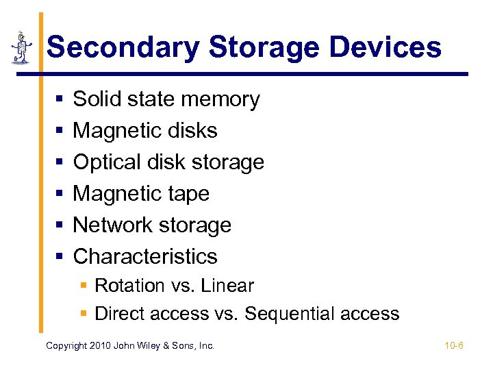 Secondary Storage Devices § § § Solid state memory Magnetic disks Optical disk storage