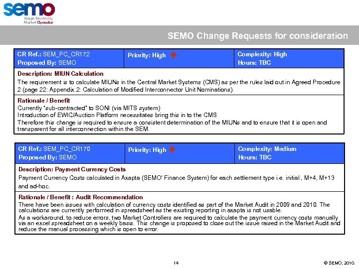 SEMO Change Requests for consideration CR Ref. : SEM_PC_CR 172 Proposed By: SEMO Priority: