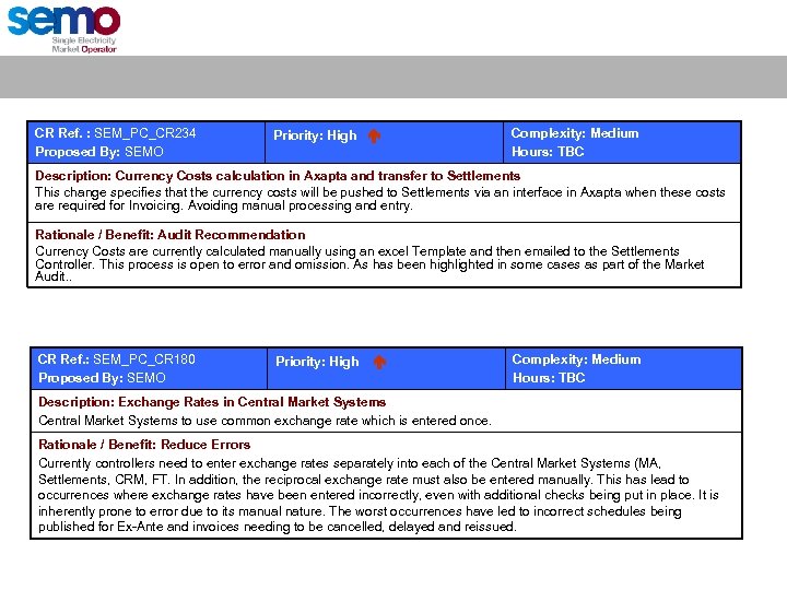 CR Ref. : SEM_PC_CR 234 Proposed By: SEMO Priority: High Complexity: Medium Hours: TBC