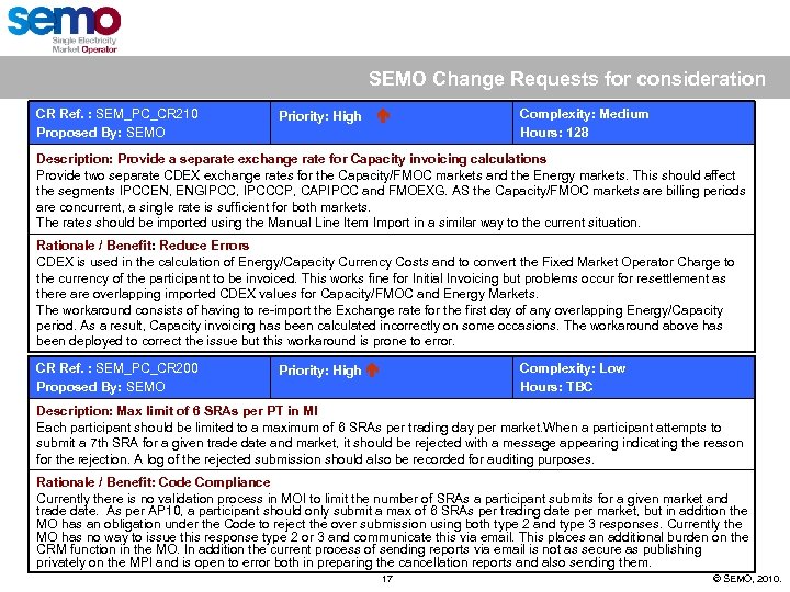 SEMO Change Requests for consideration CR Ref. : SEM_PC_CR 210 Proposed By: SEMO Priority: