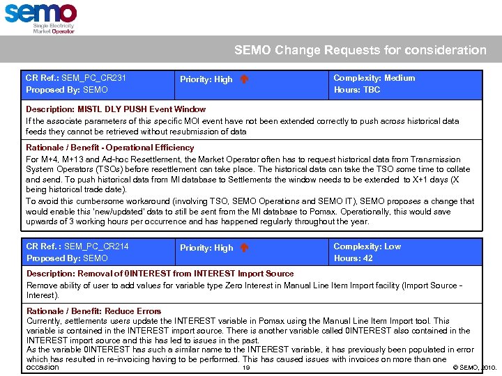 SEMO Change Requests for consideration CR Ref. : SEM_PC_CR 231 Proposed By: SEMO Priority:
