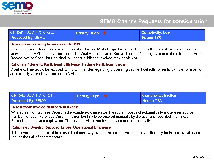 SEMO Change Requests for consideration CR Ref. : SEM_PC_CR 232 Proposed By: SEMO Priority: