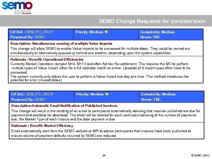 SEMO Change Requests for consideration CR Ref. : SEM_PC_CR 211 Proposed By: SEMO Priority: