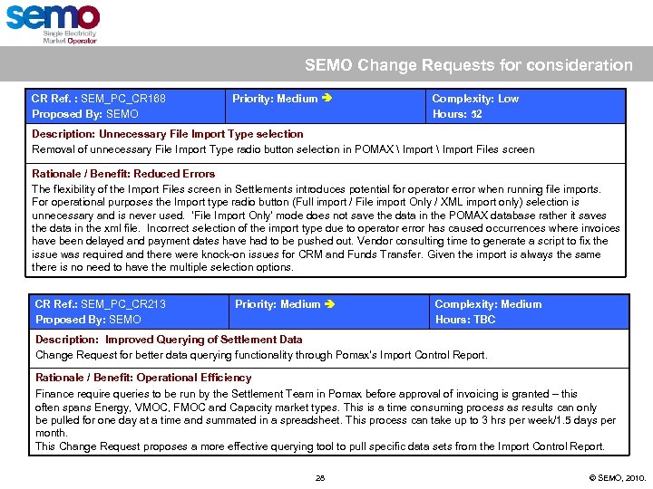 SEMO Change Requests for consideration CR Ref. : SEM_PC_CR 168 Proposed By: SEMO Priority: