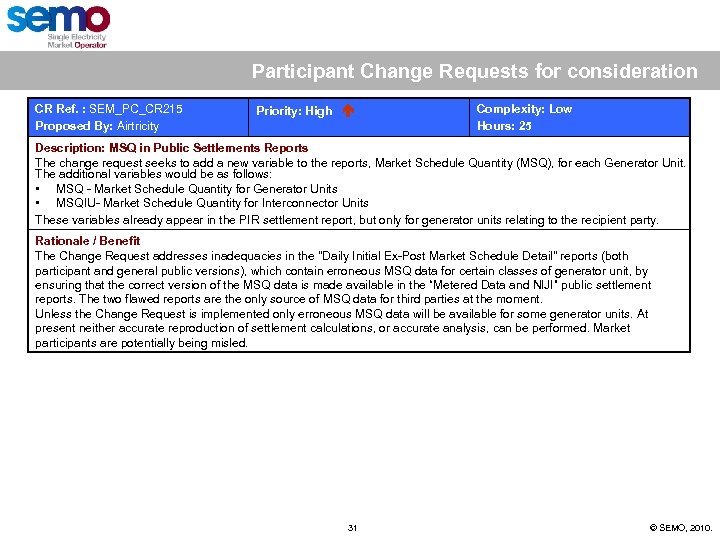 Participant Change Requests for consideration CR Ref. : SEM_PC_CR 215 Proposed By: Airtricity Priority: