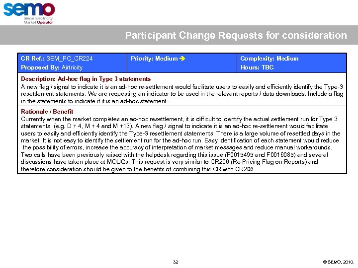 Participant Change Requests for consideration CR Ref. : SEM_PC_CR 224 Proposed By: Airtricity Priority: