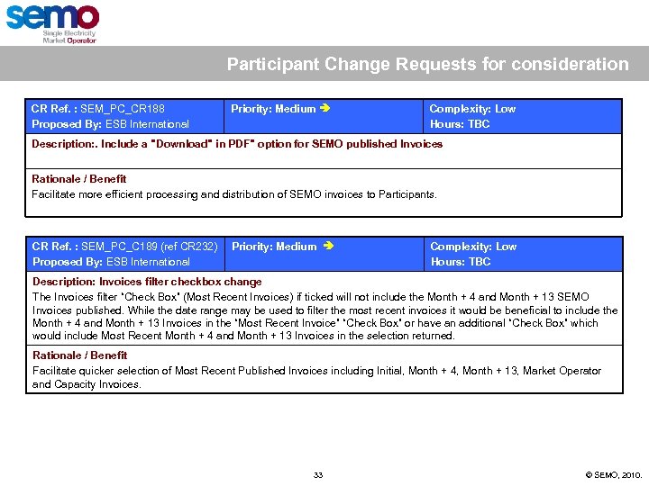 Participant Change Requests for consideration CR Ref. : SEM_PC_CR 188 Proposed By: ESB International