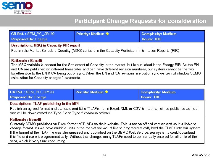 Participant Change Requests for consideration CR Ref. : SEM_PC_CR 192 Proposed By: Energia Priority: