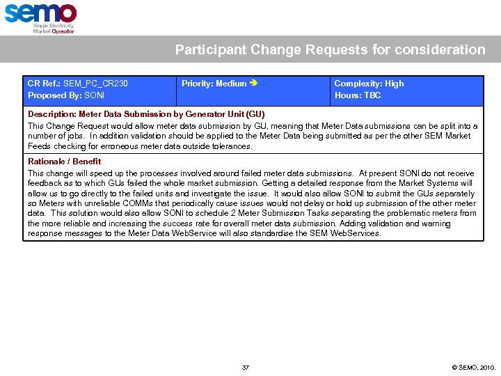 Participant Change Requests for consideration CR Ref. : SEM_PC_CR 230 Proposed By: SONI Priority: