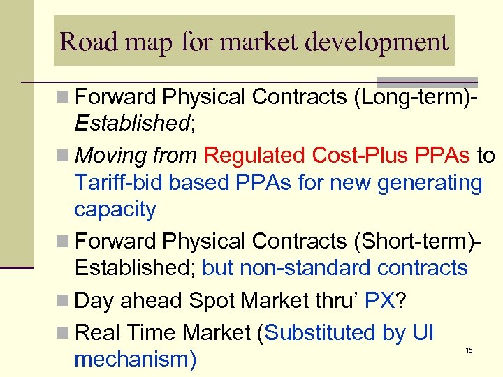 Road map for market development n Forward Physical Contracts (Long-term)- Established; n Moving from