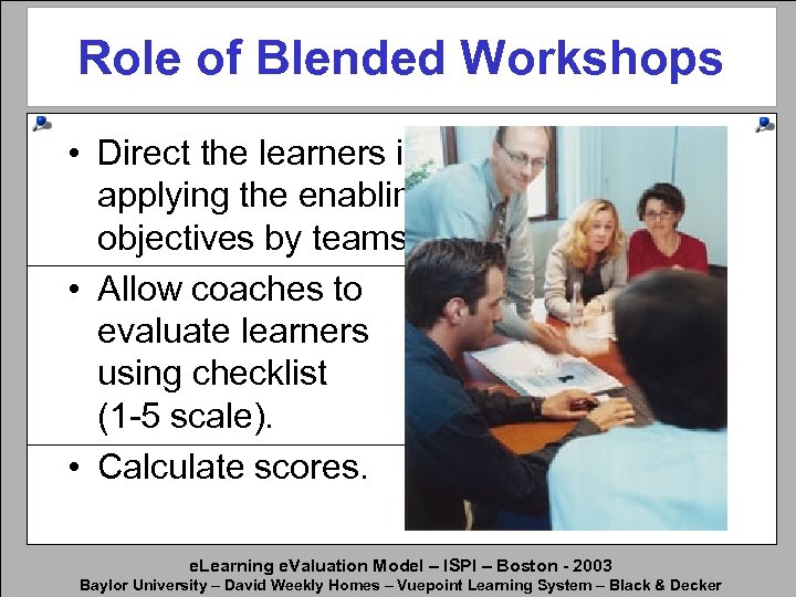 Role of Blended Workshops • Direct the learners in applying the enabling objectives by