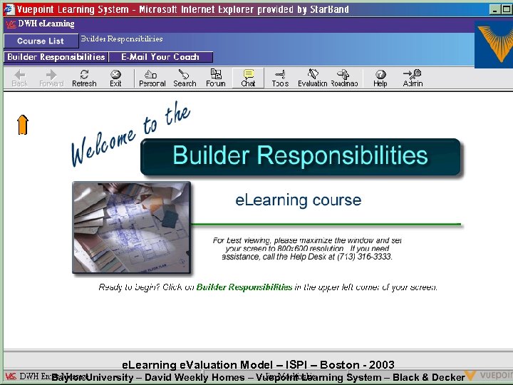 e. Learning e. Valuation Model – ISPI – Boston - 2003 Baylor University –