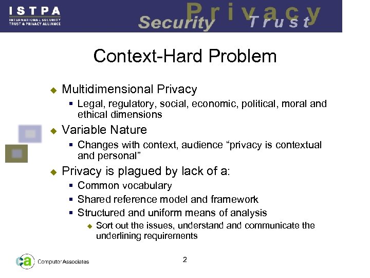 Context-Hard Problem u Multidimensional Privacy § Legal, regulatory, social, economic, political, moral and ethical