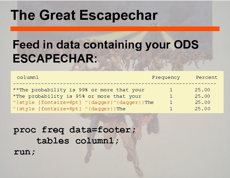 The Great Escapechar Feed in data containing your ODS ESCAPECHAR: column 1 Frequency Percent