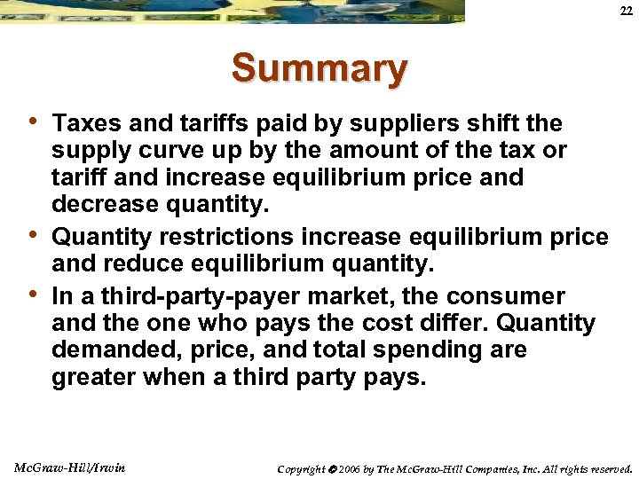 22 Summary • Taxes and tariffs paid by suppliers shift the • • supply