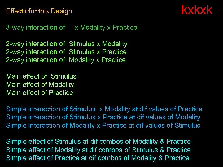 kxkxk Effects for this Design 3 -way interaction of x Modality x Practice 2