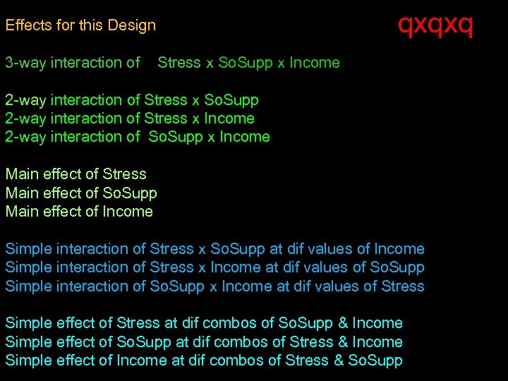 qxqxq Effects for this Design 3 -way interaction of Stress x So. Supp x