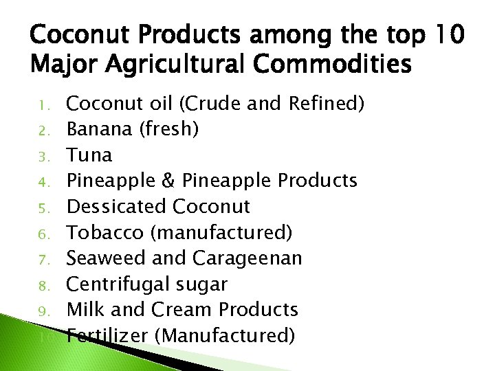 Coconut Products among the top 10 Major Agricultural Commodities 1. 2. 3. 4. 5.