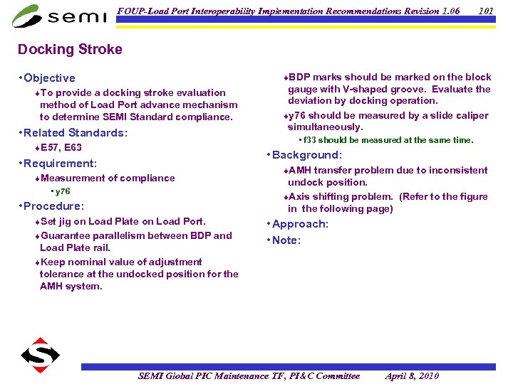 FOUP-Load Port Interoperability Implementation Recommendations Revision 1. 06 101 Docking Stroke • Objective ¨BDP