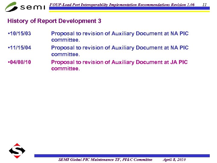 FOUP-Load Port Interoperability Implementation Recommendations Revision 1. 06 History of Report Development 3 •