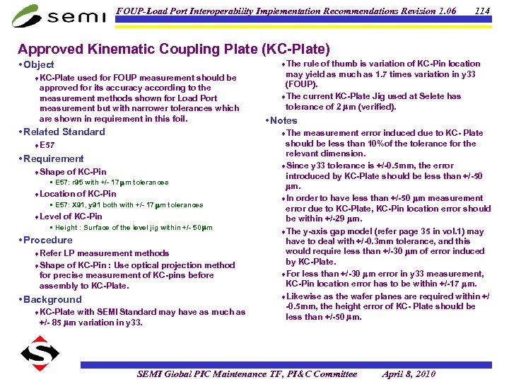 FOUP-Load Port Interoperability Implementation Recommendations Revision 1. 06 114 Approved Kinematic Coupling Plate (KC-Plate)