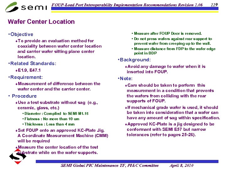 FOUP-Load Port Interoperability Implementation Recommendations Revision 1. 06 119 Wafer Center Location • Objective