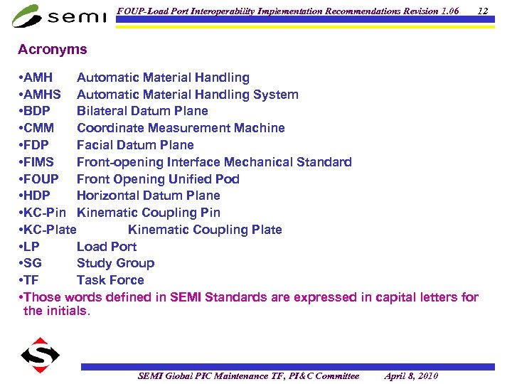 FOUP-Load Port Interoperability Implementation Recommendations Revision 1. 06 12 Acronyms • AMH Automatic Material