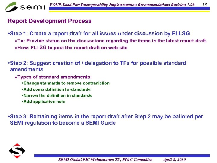 FOUP-Load Port Interoperability Implementation Recommendations Revision 1. 06 15 Report Development Process • Step