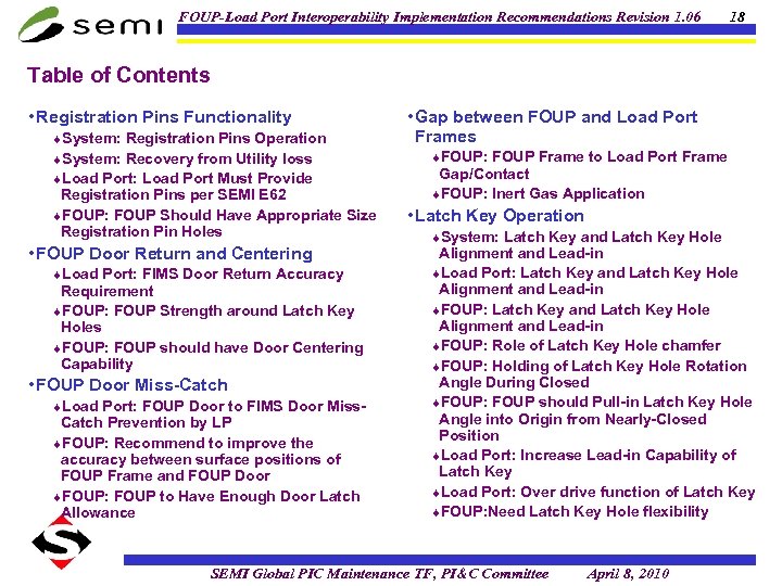 FOUP-Load Port Interoperability Implementation Recommendations Revision 1. 06 18 Table of Contents • Registration