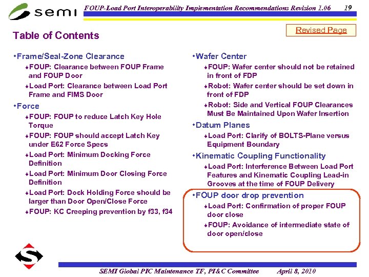 FOUP-Load Port Interoperability Implementation Recommendations Revision 1. 06 Revised Page Table of Contents •