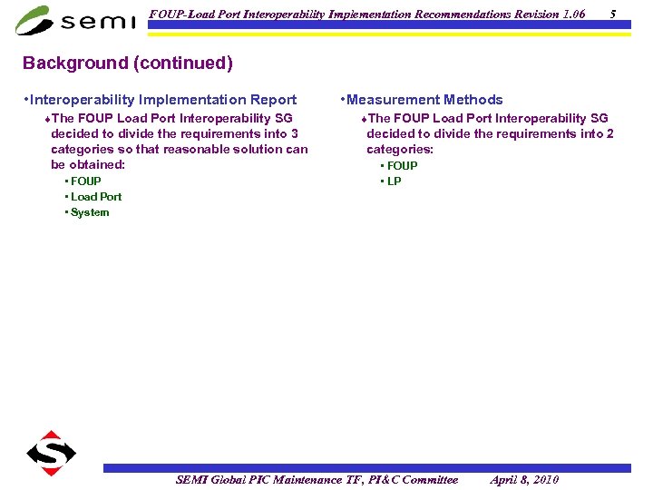 FOUP-Load Port Interoperability Implementation Recommendations Revision 1. 06 5 Background (continued) • Interoperability Implementation