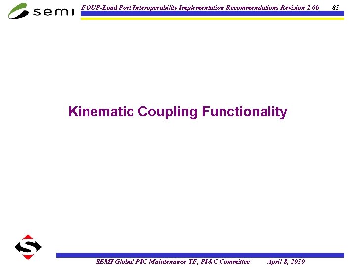 FOUP-Load Port Interoperability Implementation Recommendations Revision 1. 06 Kinematic Coupling Functionality SEMI Global PIC