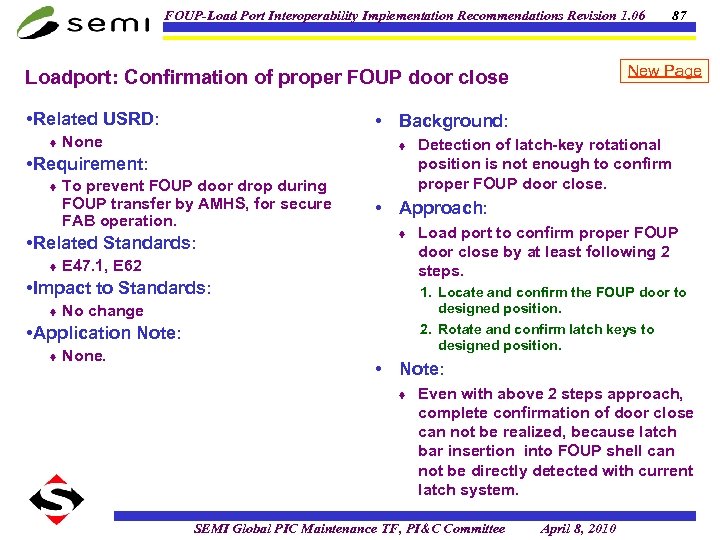 FOUP-Load Port Interoperability Implementation Recommendations Revision 1. 06 New Page Loadport: Confirmation of proper