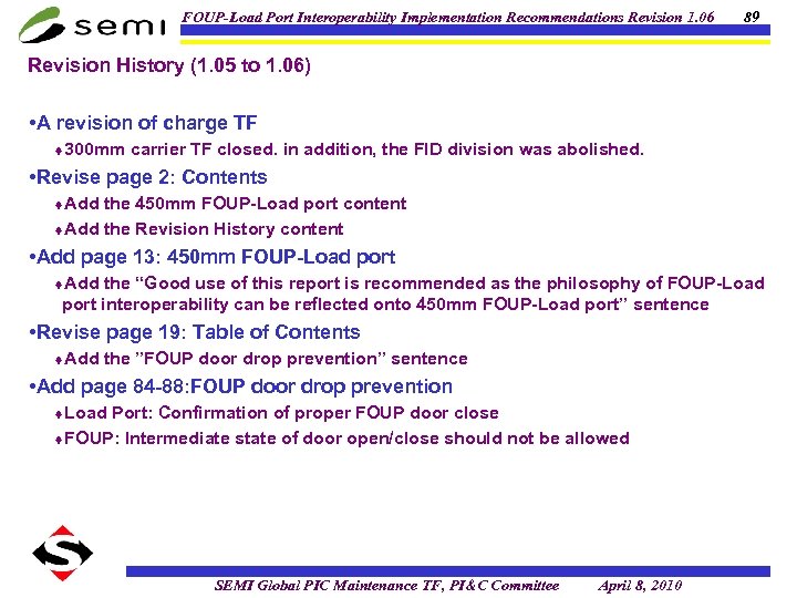 FOUP-Load Port Interoperability Implementation Recommendations Revision 1. 06 89 Revision History (1. 05 to