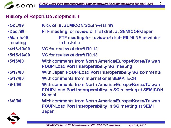 FOUP-Load Port Interoperability Implementation Recommendations Revision 1. 06 9 History of Report Development 1