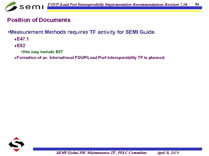 FOUP-Load Port Interoperability Implementation Recommendations Revision 1. 06 Position of Documents • Measurement Methods