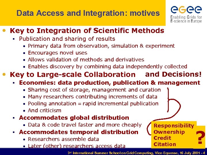 Data Access and Integration: motives • Key to Integration of Scientific Methods § Publication