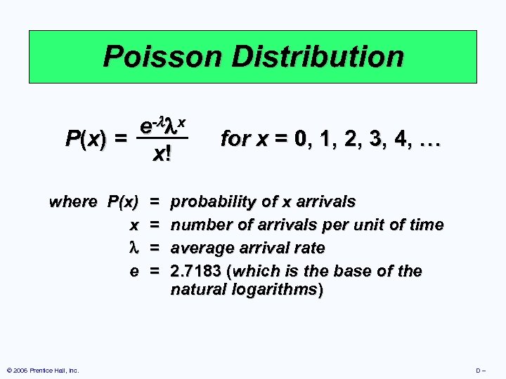 Poisson Distribution e - x P (x ) = x! where P(x) x e