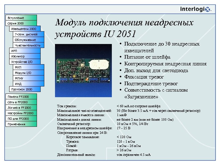 Вступление Серия 2000 Извещатели 2000 7 -сегм. дисплей Обслуживание Модуль подключения неадресных устройств IU