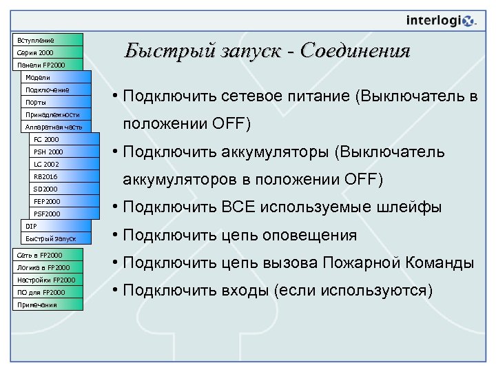 Вступление Серия 2000 Панели FP 2000 Быстрый запуск - Соединения Модели Подключение Порты Принадлежности